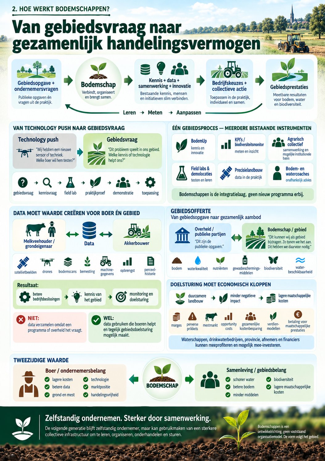 Infographic 'Hoe werkt Bodemschappen?': de cyclus van gebiedsopgave naar gebiedsprestaties; van technology push naar gebiedsvraag; één gebiedsproces met meerdere bestaande instrumenten; data die waarde creëert voor boer én gebied; de gebiedsofferte; doelsturing die economisch klopt; en tweezijdige waarde voor ondernemer en samenleving.