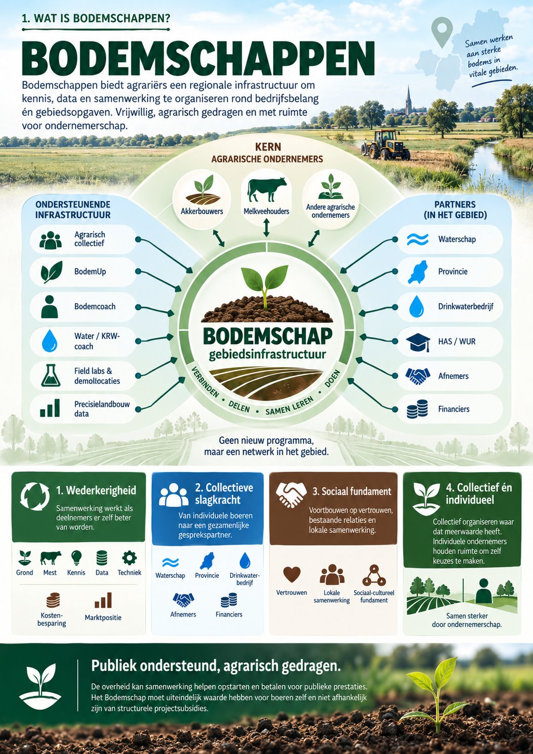 Infographic 'Wat is Bodemschappen?': agrarische ondernemers (akkerbouwers, melkveehouders en andere agrarische ondernemers) in de kern, verbonden met ondersteunende infrastructuur en partners in het gebied via het Bodemschap als gebiedsinfrastructuur. Vier principes: wederkerigheid, collectieve slagkracht, sociaal fundament, collectief én individueel. Publiek ondersteund, agrarisch gedragen.